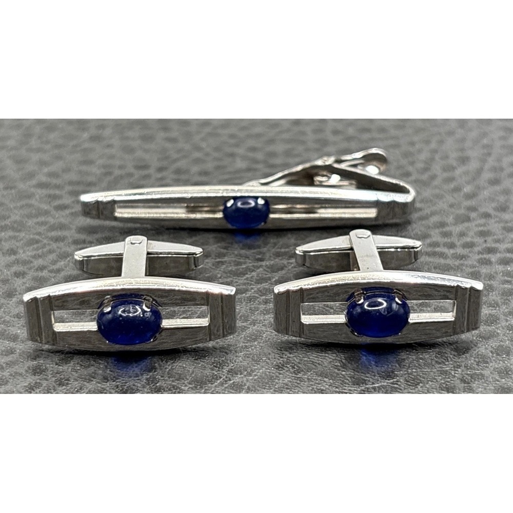 Vintage Modernist Foster Cabochon Blue Glass Cufflinks Tie Clip Set Silver Tone